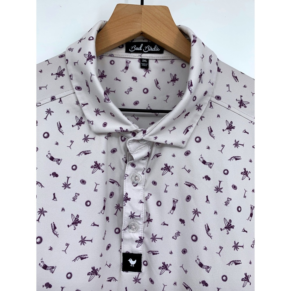 Bad Birdie Polo Shirt Mens 2XL White Purple Golf Performance Stretch